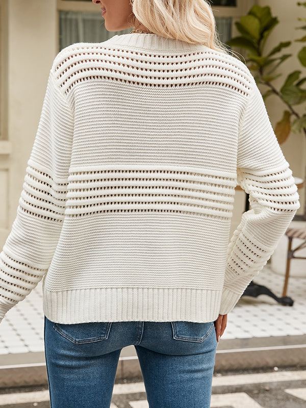 Hollow Solid Color Long Sleeves Loose Round-Neck Sweater Tops Pullovers Knitwear
