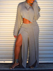 Solid Color Long Sleeves Round-Neck T-Shirt + Split-Side Wide Leg  Pants Two Pieces Set
