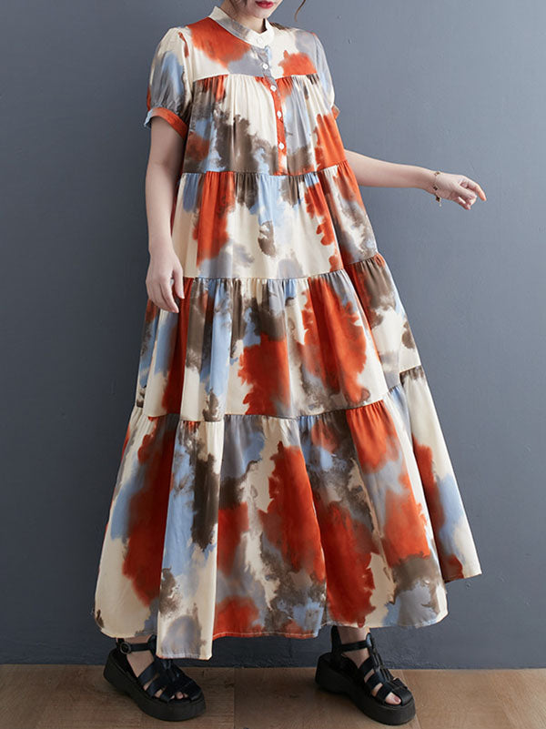 Printed Split-Joint Loose Short Sleeves Stand Collar Midi Dresses
