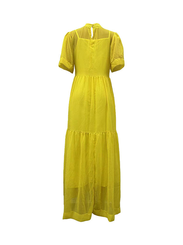 Solid Color Loose Plus Size Split-Joint Inner Dress + Mock Neck Mesh Pleated Outer Dress Two Pieces Set