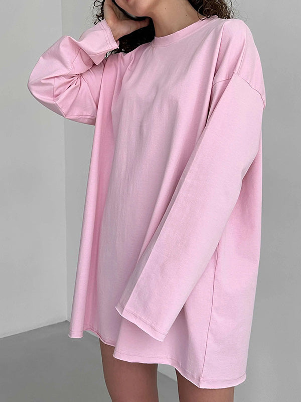 Solid Color Long Sleeves Loose Round-Neck T-Shirts Tops