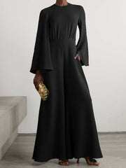 Flared Sleeves Long Sleeves Solid Color Split-Joint Zipper Round-Neck Wide Leg Jumpsuits