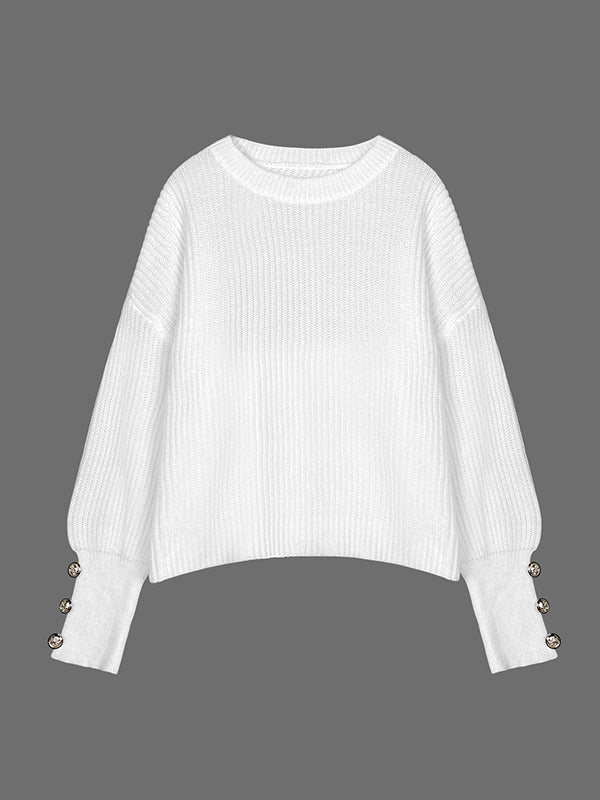 Buttoned Solid Color Split-Joint Long Sleeves Loose Round-Neck Sweater Tops Pullovers