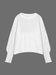 Buttoned Solid Color Split-Joint Long Sleeves Loose Round-Neck Sweater Tops Pullovers