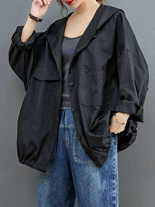 Buttoned Pleated Pockets Solid Color Long Sleeves Loose Hooded Trench Coats Outerwear