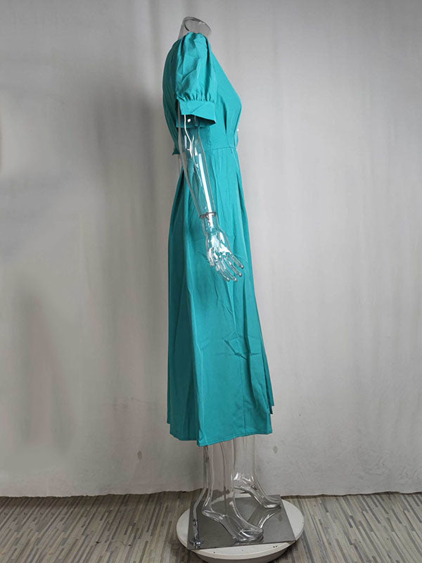 Buttoned High Waisted Loose Round-neck Midi Dresses