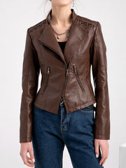 Split-Joint Zipper Long Sleeves Mock Neck Outerwear PU Jackets