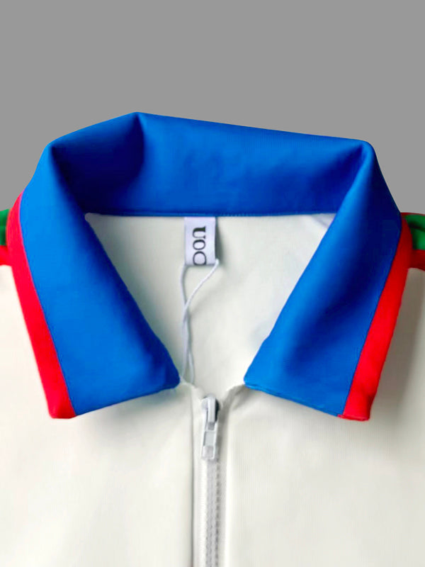 Long Sleeves Loose Contrast Color Striped Zipper Lapel Outerwear