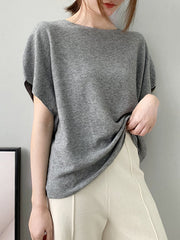 Solid Color Half Sleeves Loose Off-The-Shoulder Sweater Tops Pullovers Knitwear