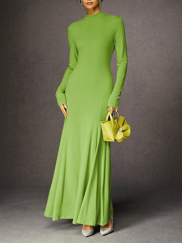 Solid Color Split-Joint Bodycon Long Sleeves High Neck Maxi Dresses