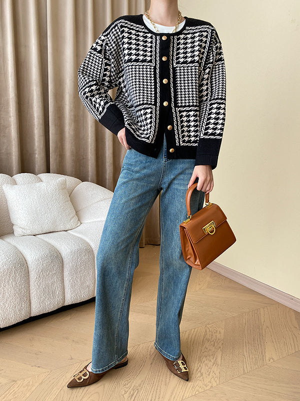 Long Sleeves Loose Contrast Color Houndstooth Split-Joint Round-Neck Cardigan Tops