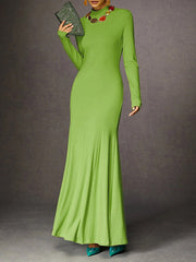 Solid Color Split-Joint Bodycon Long Sleeves High Neck Maxi Dresses
