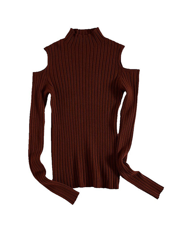 Hollow Solid Color Long Sleeves Skinny Mock Neck Sweater Tops Pullovers Knitwear