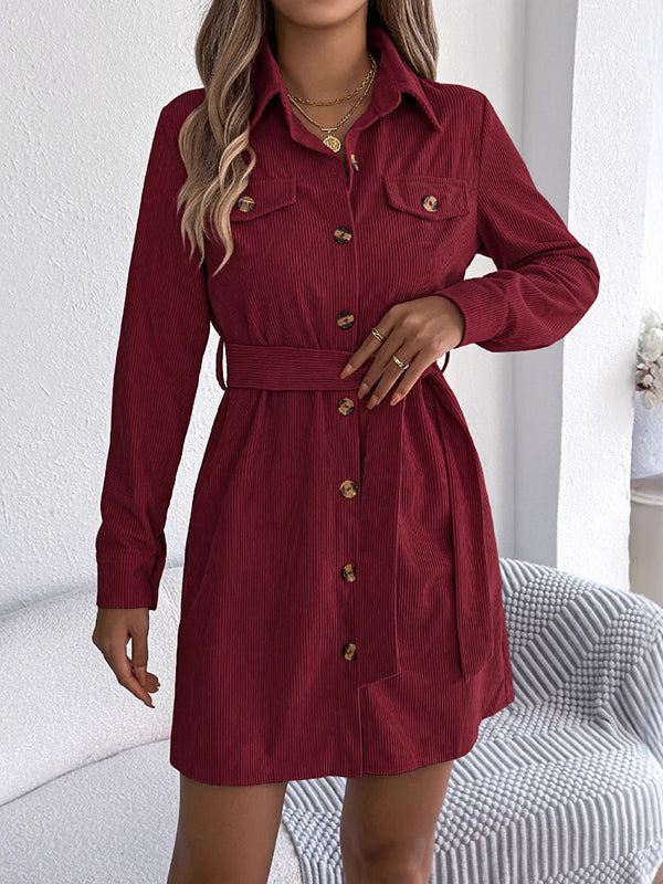 Belted Buttoned Single-Breasted Solid Color Elasticated Waist Long Sleeves Lapel Collar Shirt Dress Mini Dresses