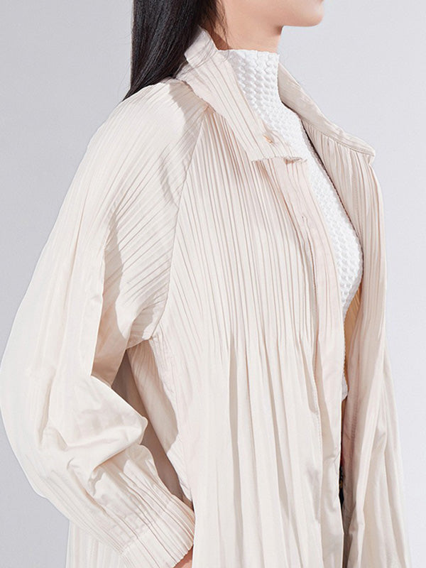 Pleated Quilted Solid Color Zipper Long Sleeves Loose Asymmetric Collar Padded Coat
