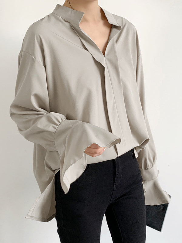 Buttoned Solid Color Split-Side Flared Sleeves High-Low V-Neck Blouses&Shirts Tops