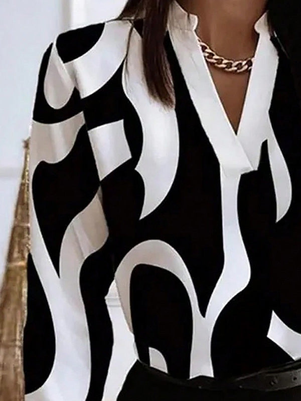 Printed Striped Long Sleeves Loose V-Neck Blouses&Shirts Tops