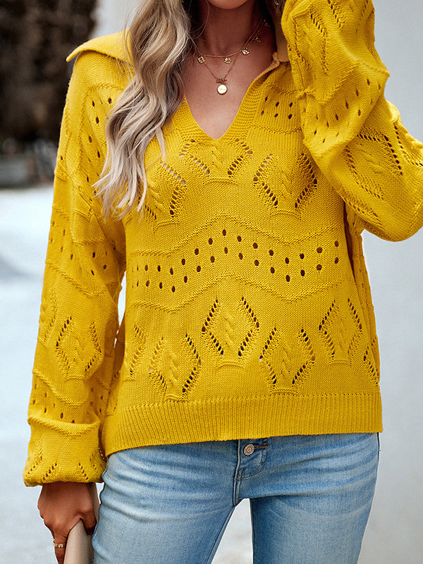 Hollow Solid Color Long Sleeves Loose Lapel Sweater Tops Pullovers