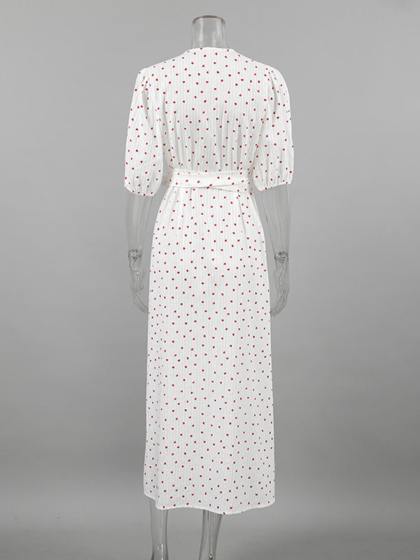Elasticity Heart Print Jacquard Polka-Dot Split-Joint Tied Waist A-Line High Waisted V-Neck Midi Dresses