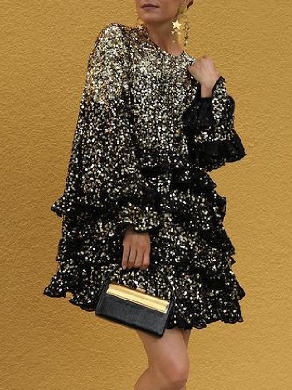 Layered Ruffled Sequined Long Sleeves Loose Round-Neck Mini Dresses