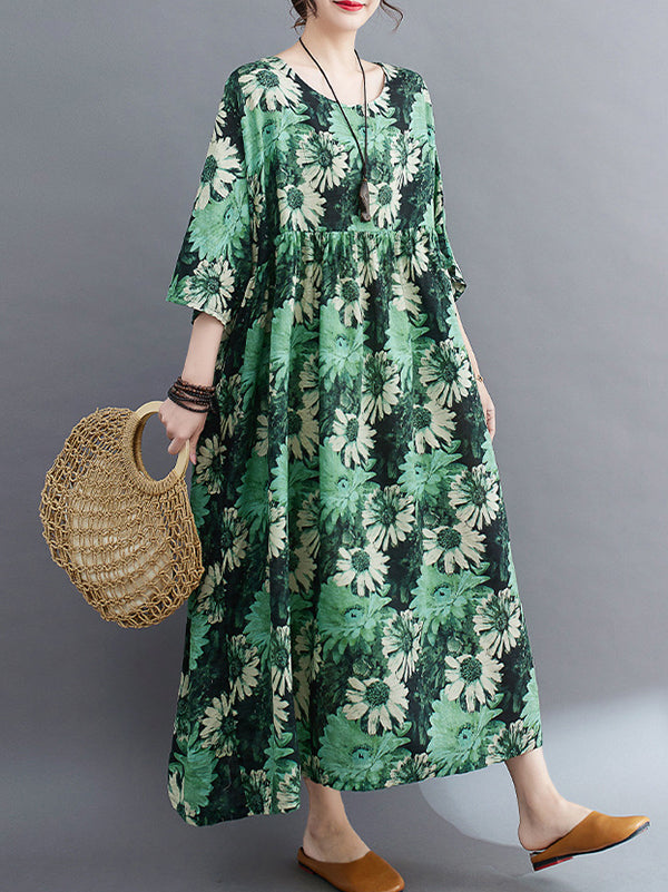 Floral Printed Pleated Split-Joint Loose Raglan Sleeve Round-Neck Midi Dresses