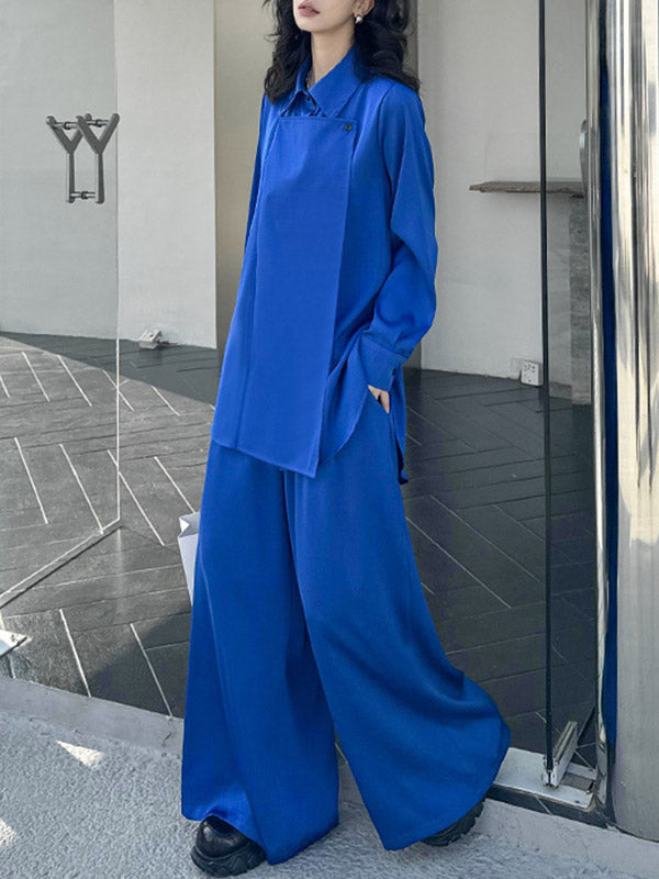 Buttoned Solid Color Long Sleeves Lapel Shirts Top + Elasticity High Waisted Pants Bottom Two Pieces Set