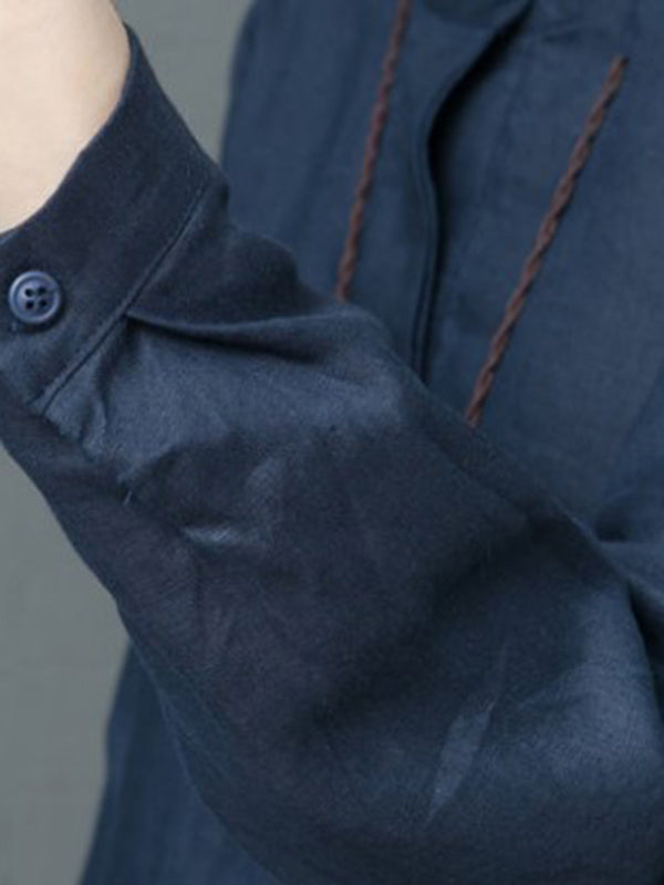Linen Solid Color Round-Neck Puff Sleeve Blouse Tops