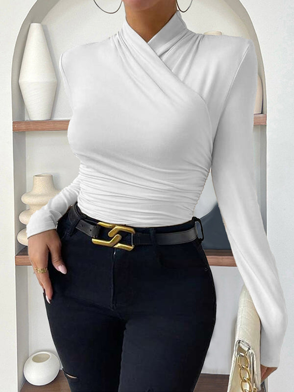 Pleated Solid Color Long Sleeves Skinny Mock Neck T-Shirts Tops