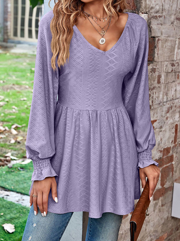 Elasticity Jacquard Pleated Solid Color Long Sleeves V-Neck T-Shirts Tops