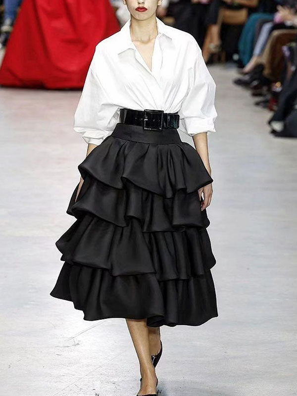 Falbala Layered Solid Color A-Line Loose Skirts Bottoms