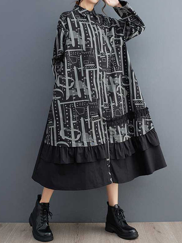 Asymmetric Buttoned Printed Split-Joint A-Line Long Sleeves Lapel Midi Dresses