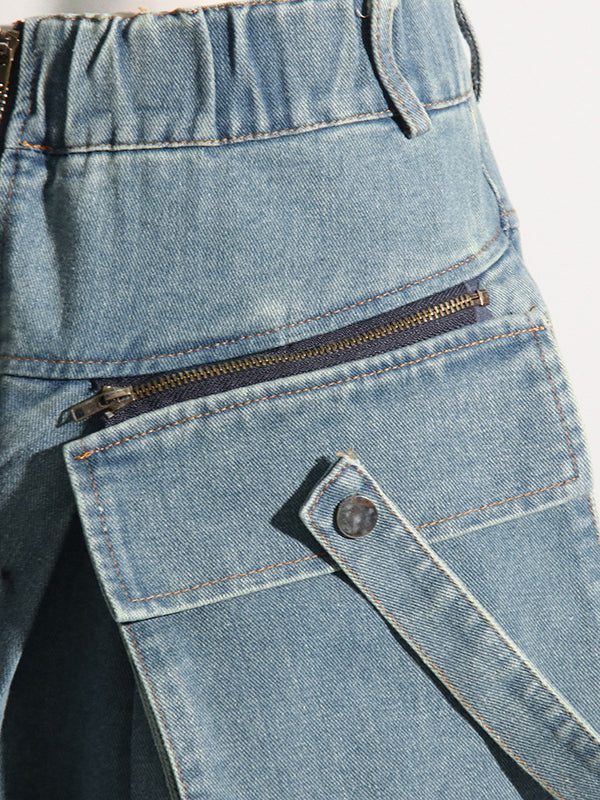 Pleated Pockets Split-Joint Zipper Loose Wide Leg Jean Pants Bottoms
