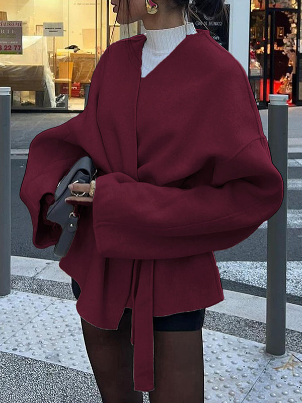 Solid Color Tied Waist Long Sleeves Loose V-Neck Outerwear