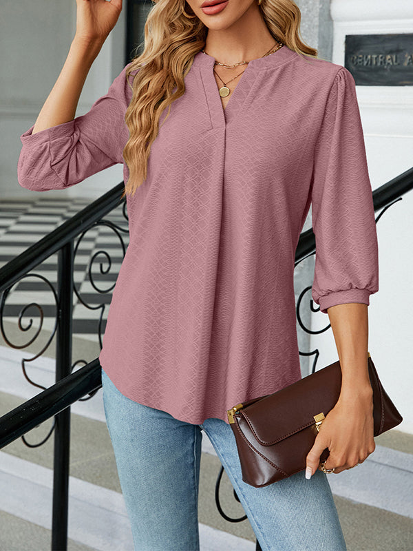 Jacquard Pleated Solid Color Split-Joint Loose Puff Sleeves V-Neck T-Shirts Tops