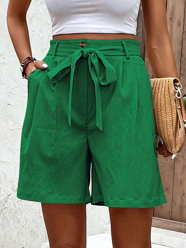Buttoned Elasticity Pleated Pockets Tied Waist High Waisted Loose Shorts Bottoms