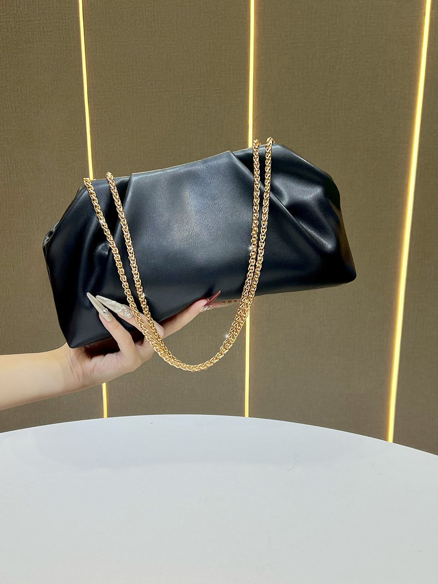 Chains Pleated Solid Color Zipper Shoulder Bags Evening Bags & Clutches