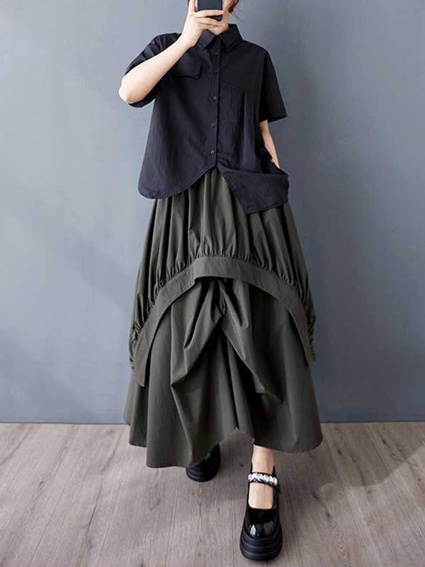 Asymmetric Elasticity Pleated Pockets Solid Color A-Line Loose Skirts Bottoms