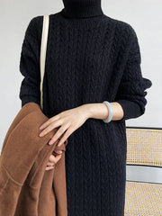 Stylish Loose Long Sleeves Solid Color High-Neck Twist Sweater Dresses