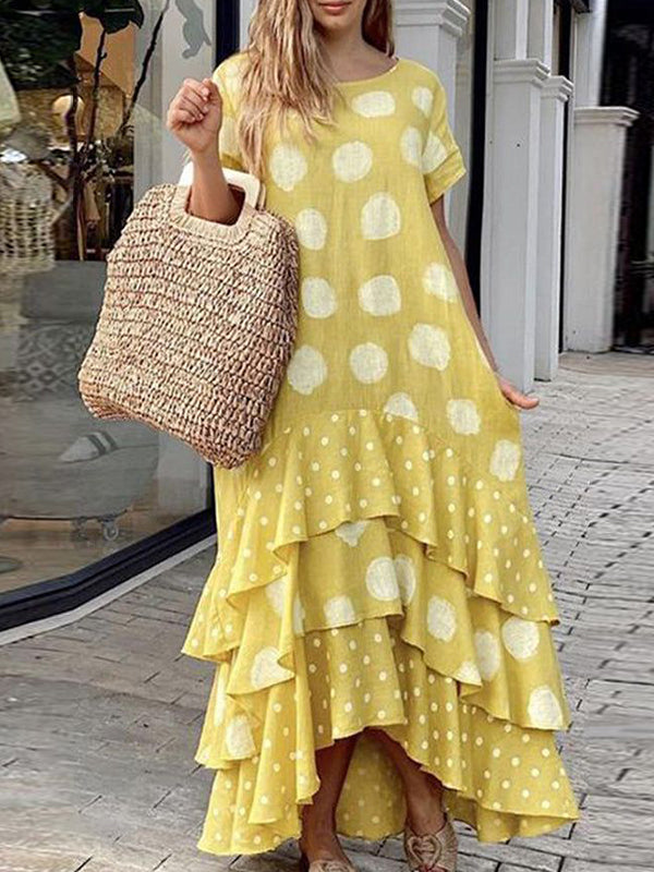 Layered Polka-Dot Split-Joint A-Line Loose Round-Neck Maxi Dresses