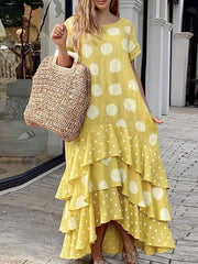 Layered Polka-Dot Split-Joint A-Line Loose Round-Neck Maxi Dresses