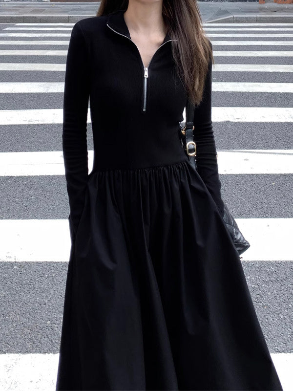 Pleated Solid Color Split-Joint Zipper High Waisted Long Sleeves V-Neck Midi Dresses