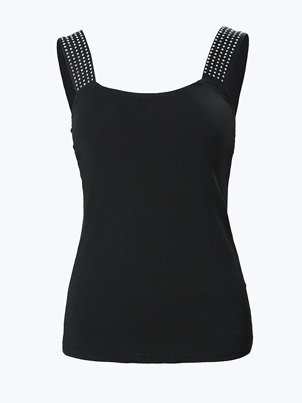 Elasticity Rhinestone Split-Joint Skinny Sleeveless Spaghetti-Neck Vest Top