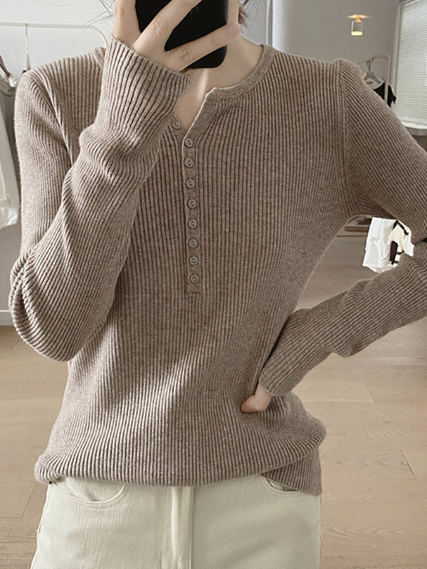Buttoned Solid Color Long Sleeves Round-Neck Sweater Tops Pullovers