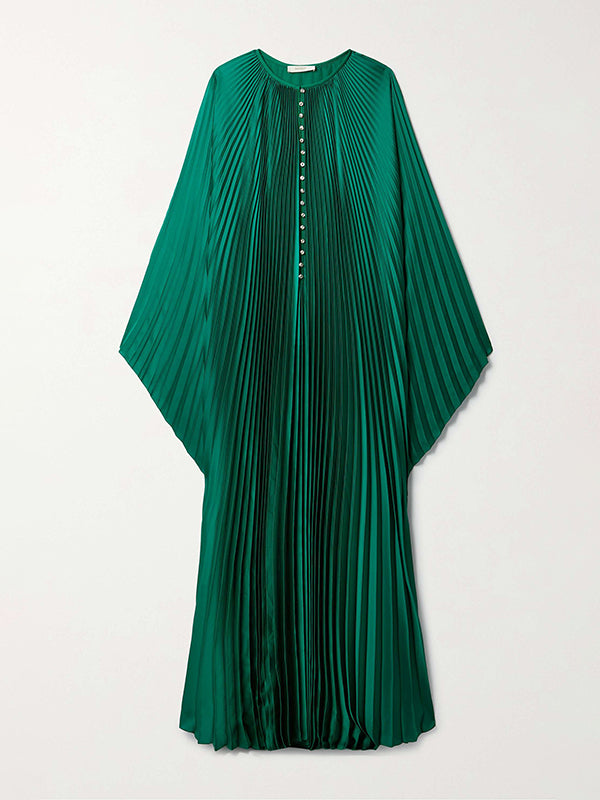 Batwing Sleeves Loose Pleated Solid Color Round-Neck Maxi Dresses