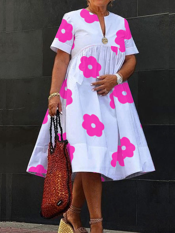 Flower Print Pleated Split-Joint A-Line Loose Round-Neck Midi Dresses