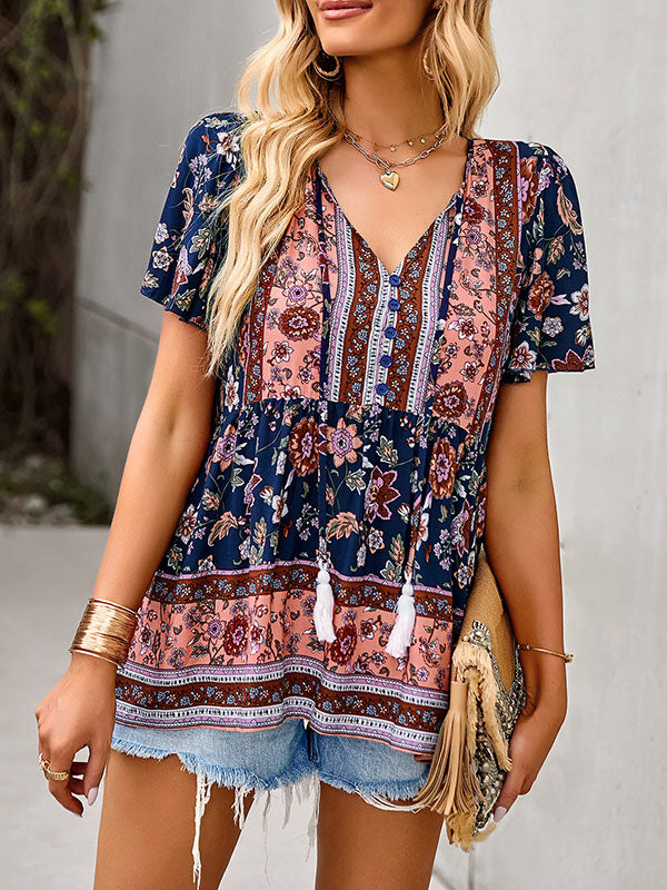 Buttoned Flower Print Split-Joint Tasseled Tied Loose Short Sleeves V-Neck T-Shirts Tops