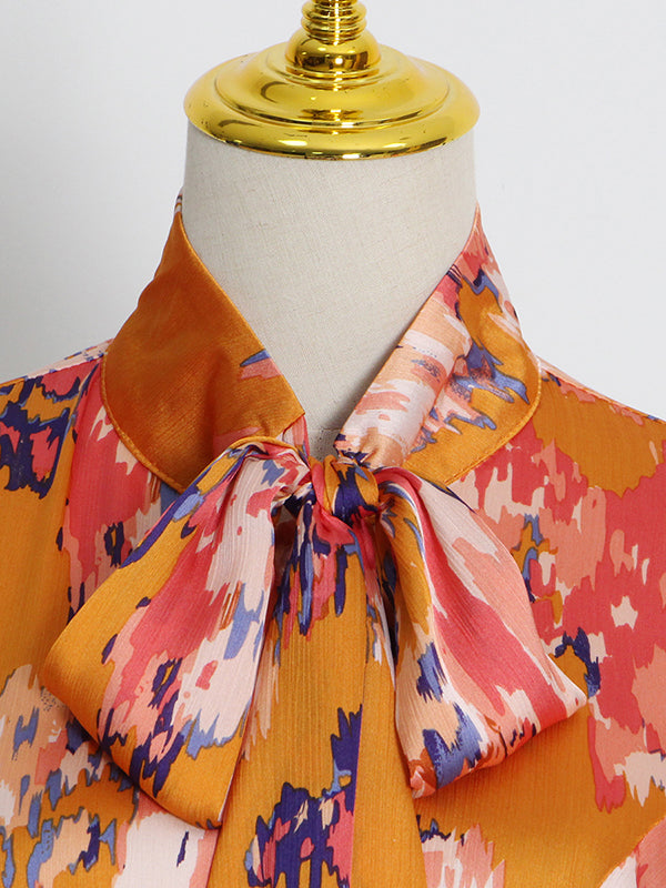 Loose Printed Puff Sleeves Pleated Stand Collar Blouses