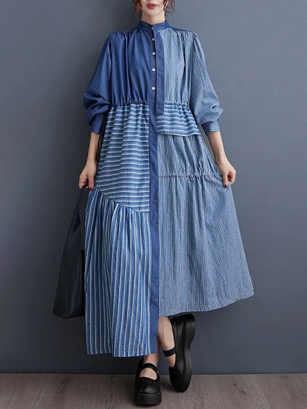 Asymmetric Buttoned Contrast Color Split-Joint Striped Tied Waist High Waisted Long Sleeves Mock Neck Midi Dresses