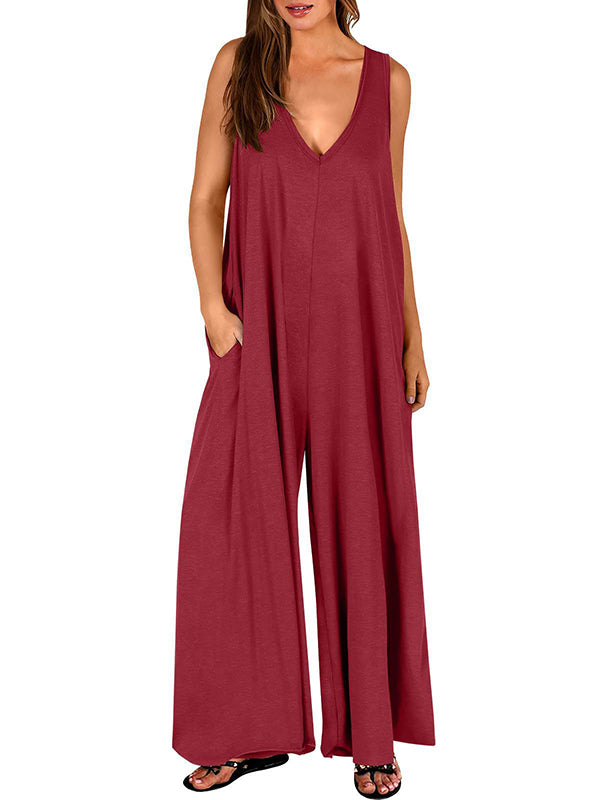 Pockets Solid Color Loose Sleeveless V-neck Jumpsuits