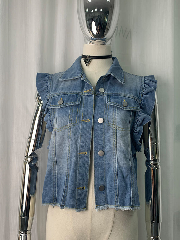 Buttoned Fringed Pockets Split-Joint Loose Ruffle Sleeves Lapel Vest Outerwear
